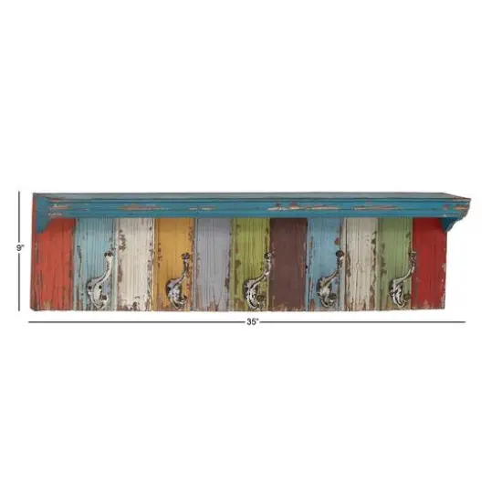 Multi Color Wood Coastal Wall Hooks with Shelf, 9" x 35" x 5" {7}