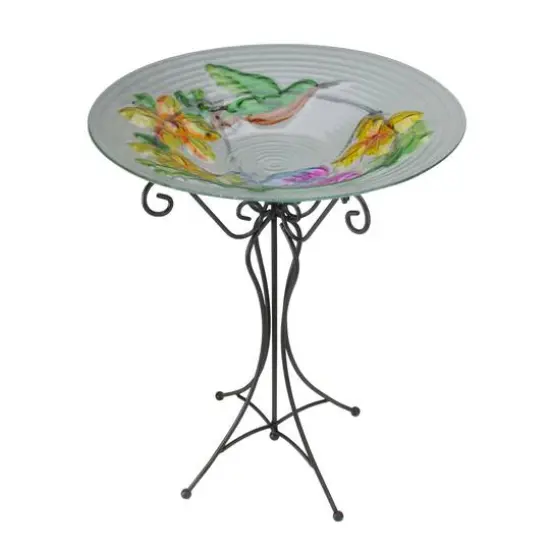 22.5" Hand Painted Glass Vibrant Hummingbird & Flowers Outdoor Garden Bird Bath {1}