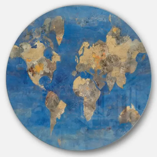 Designart - Golden Blue World Map - Traditional Metal Circle Wall Art {1}