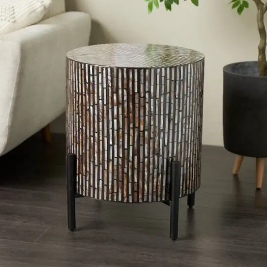 22.25" Multicolor Mother of Pearl Shell Geometric Handmade Inlay Accent Table with Black Legs {9}