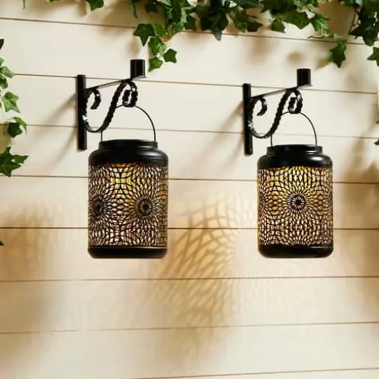 Glitzhome&reg; 8.75" Metal Cutout Solar Powered Hanging Lantern Set Black {5}