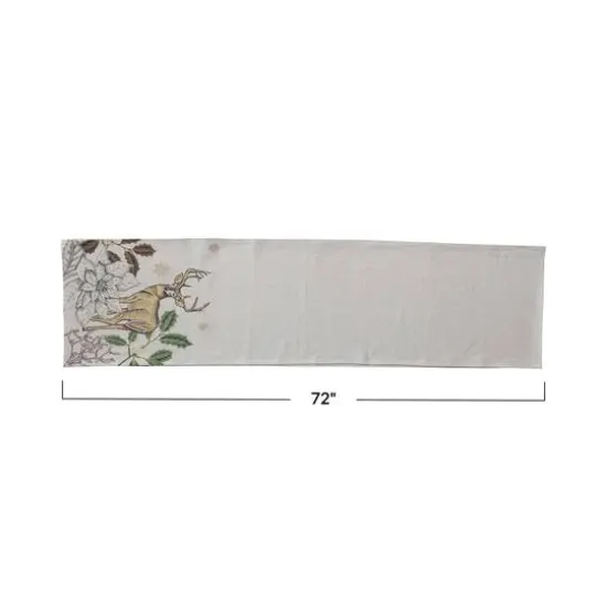 Hello Honey&reg; 72" Green & Natural Cotton & Linen Printed Table Runner with Flora & Fauna Pattern and Metallic Gold Thread Embroidery {5}