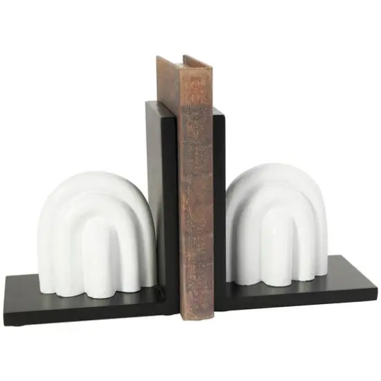 7" White MDF Abstract Layered Arched Bookends with Black Stands Set {1}