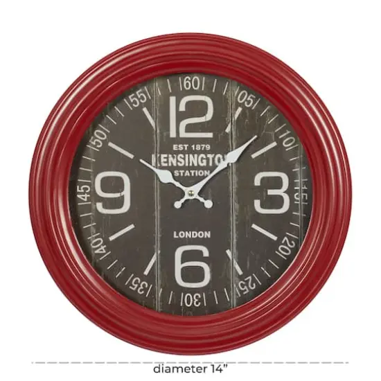Farmhouse Round Red Metal and Wood Kensington Station Wall Clock, 14" x 14" x 2.60" {7}