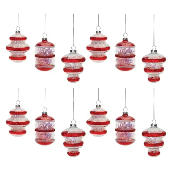 Red Finial with Tinsel Filling Glass Ornaments Set {1}