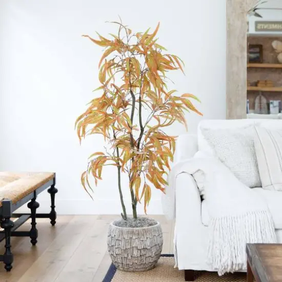 5ft. Green & Orange Autumn Wispy Eucalyptus Artificial Potted Tree {7}
