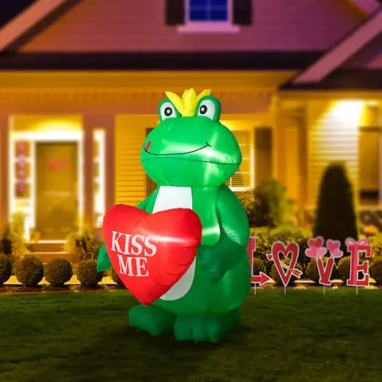 Glitzhome&reg; 6ft Lighted Valentine's Inflatable Frog with Heart Decor {4}