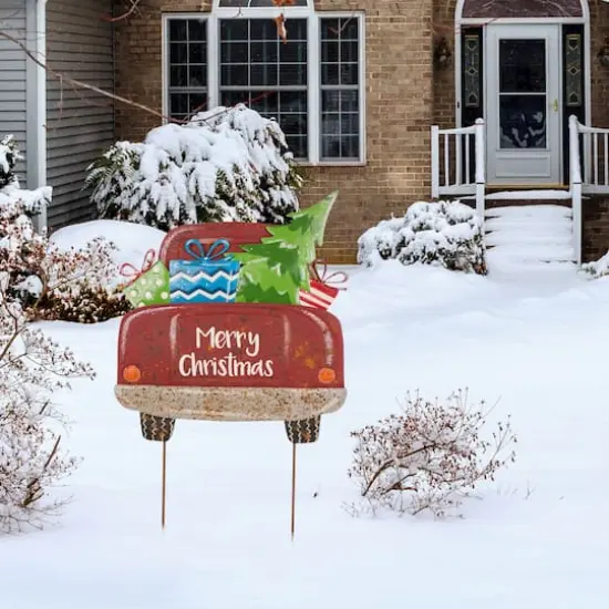 Glitzhome&reg; 32" Christmas Rusty Metal Truck Yard Stake {3}