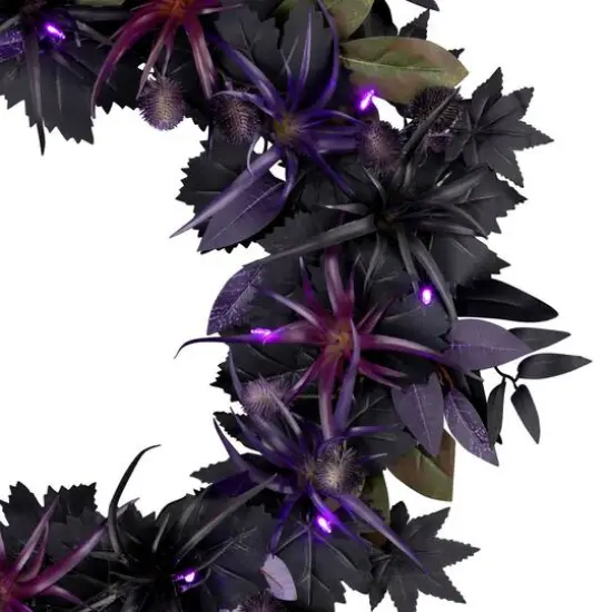24" Scare in the Air Purple & Black Flower Halloween Pre-Lit LED Wreath {4}