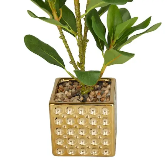 15" Glam Style Evergreen Artificial Foliage in Gold Porcelain Pot {4}