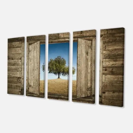 Designart - Window Open To Solitary Tree - Modern Landscape Canvas Art {4}