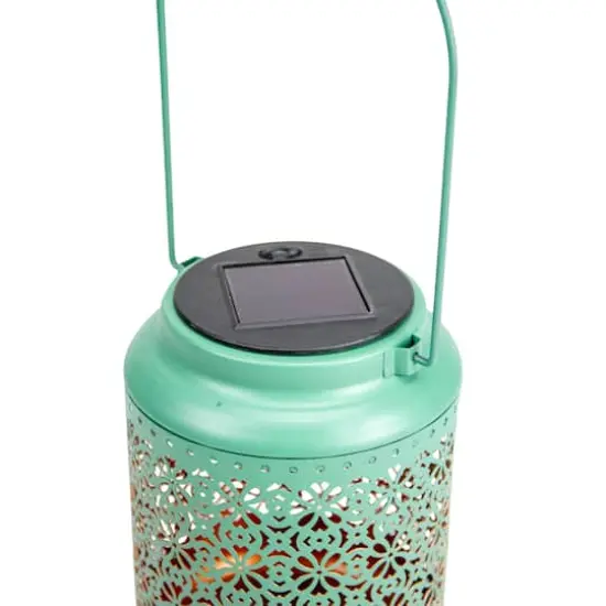 7" Green Integrated Floral Pattern Outdoor Solar Lantern with Handle {5}