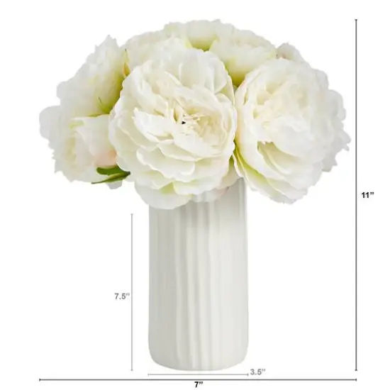 11" White Peony Arrangement in White Vase {3}