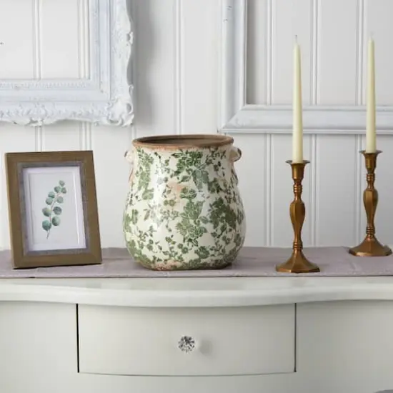 10" Tuscan Ceramic Green Scroll Planter {4}