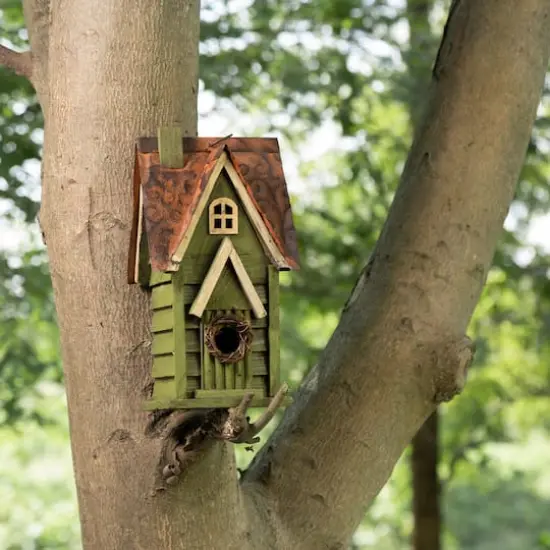 Glitzhome&reg; Tall Distressed Green Wood Bird House {10}