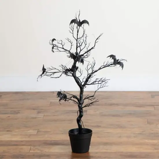3ft. Pre-Lit Artificial Halloween Black Spooky Twig Tree with Bats and 100 Orange & Purple LED Lights {9}