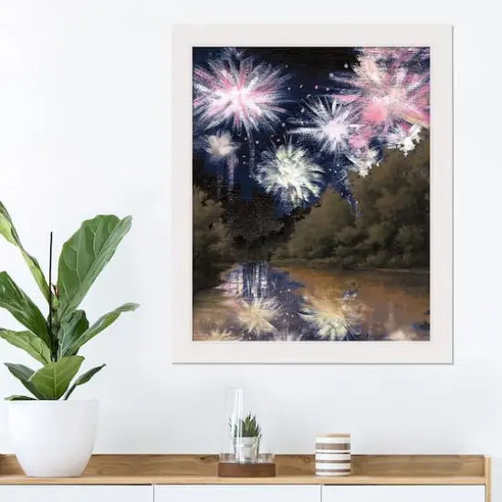 Fireworks Over The Trees White Framed Print Under Plexiglass {3}