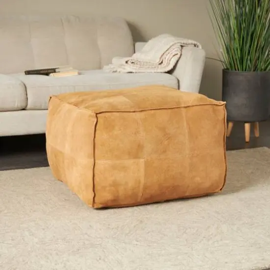 28" Leather Low Profile Square Pouf with Patchwork Design Light Brown {3}