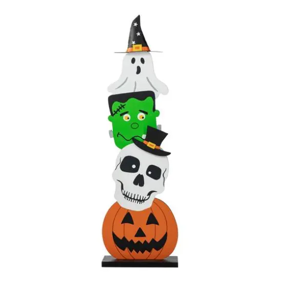 Glitzhome&reg; 36" Halloween Wood Stacked Ghost, Frankenstein, Skull & Pumpkin Porch D&eacute;cor {7}