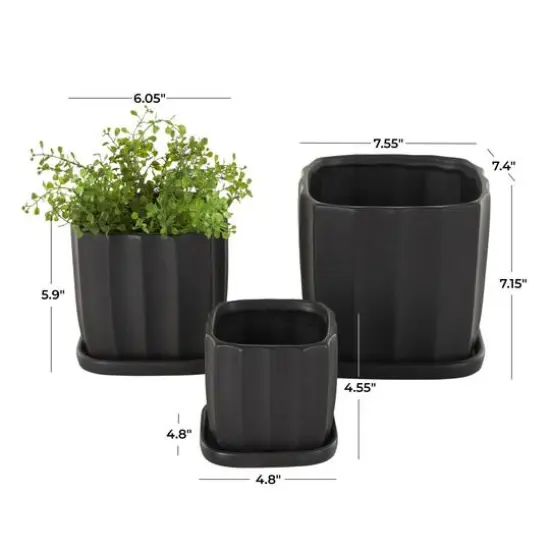 Black Square Wide Groove Textured Ceramic Planter Set {8}