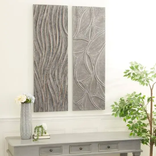 Set of 2 Grey Wood Modern Abstract Wall Decor, 16" x 48" {10}