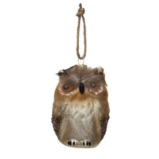 Hello Honey&reg; 4" Brown Owl Glass Ornament with Feathers {1}