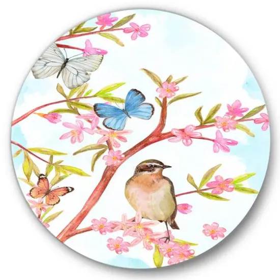 Designart - Clever Bird Sitting On Branch of A Spring Tree - Traditional Metal Circle Wall Art {1}