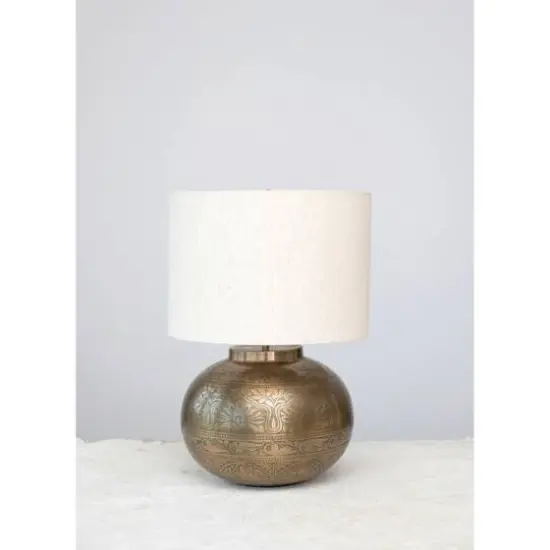 Hello Honey&reg; 20" Antique Brass Finish Round Etched Metal Table Lamp with Cotton Shade {3}