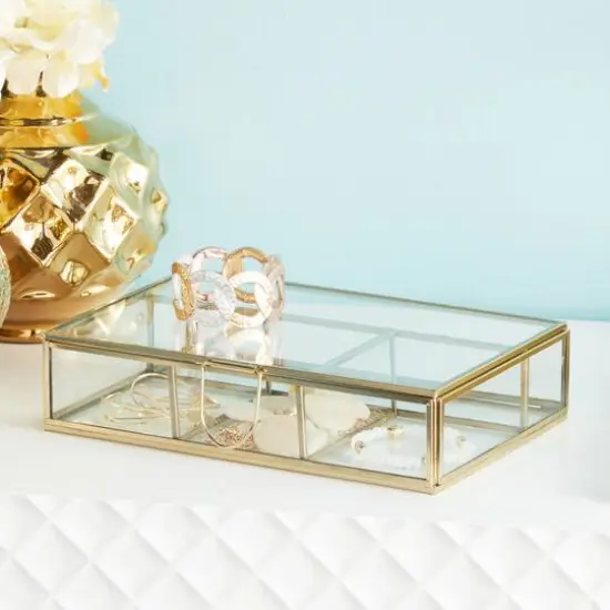 Rectangular Metal & Glass Jewelry Box Gold {9}