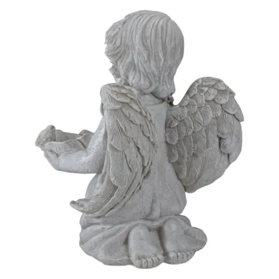 9.5" Heavenly Gardens Gray Distressed Kneeling Cherub Angel Bird Feeder Outdoor Garden Statue {5}