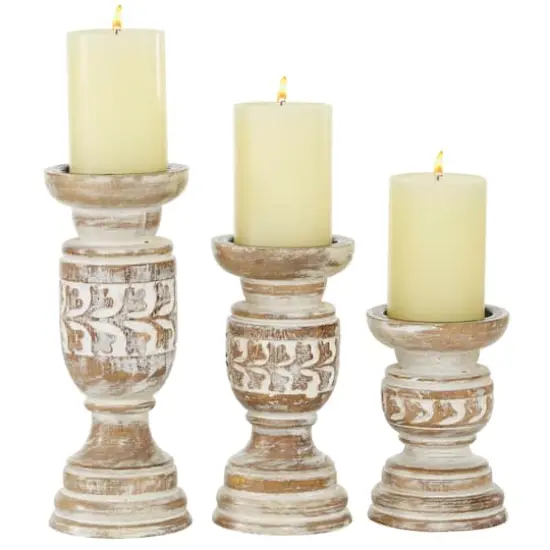 Beige Mango Wood Country Cottage Candle Holder Set {1}