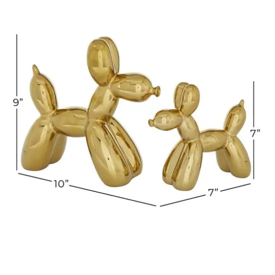 Set of 2 Gold Porcelain Contemporary Dog Sculpture, 7", 9" {7}