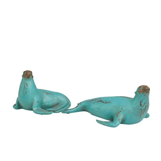 Teal Polystone Distressed Sea Lion Sculpture Set {1}