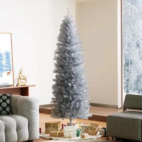 7.5ft. Unlit Silver Pencil Tinsel Artificial Christmas Tree {3}