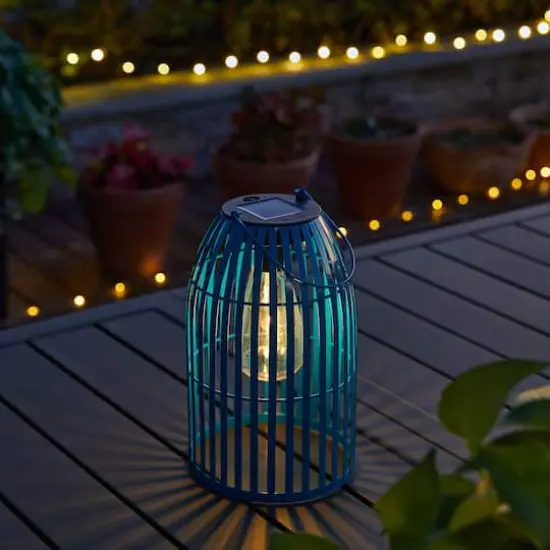 Glitzhome&reg; 10" Woven Solar Powered Outdoor Hanging Lantern Blue {4}