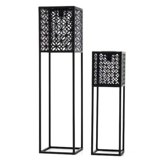 Glitzhome&reg; Black Metal Cutout Pattern Solar Powered Outdoor Floor Lanterns Set {1}