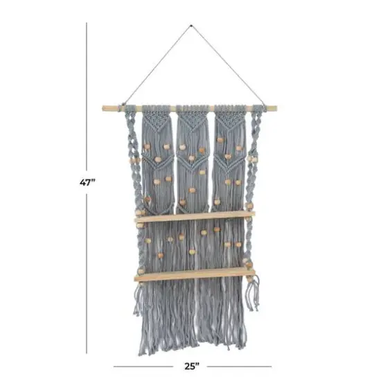 Gray Cotton Handmade 2 Shelves Macrame Wall Shelf 25" x 6" x 47" {7}