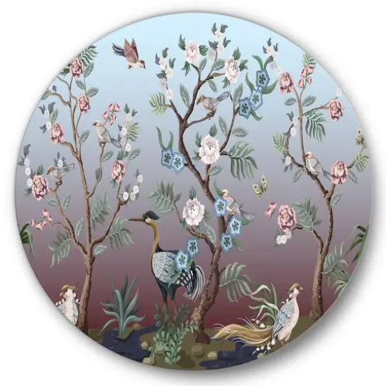 Designart - Chinoiserie With Birds and Peonies XI - Traditional Metal Circle Wall Art {1}