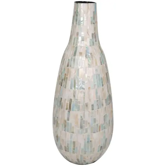 21" White Mother of Pearl Handmade Mosaic Inspired Vase with Pastel Blue and Pink Accents {3}