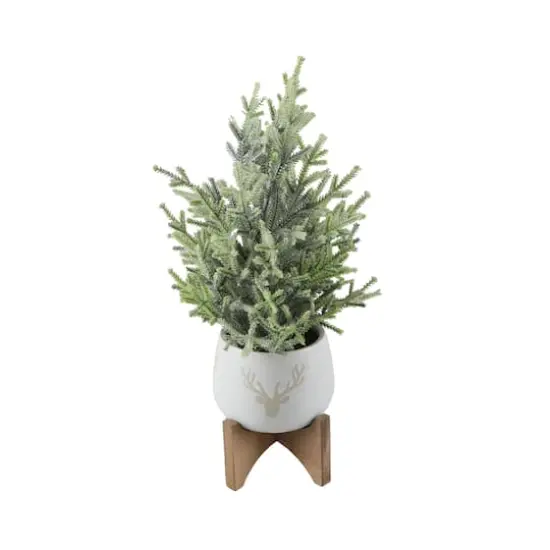 16" Unlit Frosted Artificial Christmas Tree in Staghead Ceramic Pot on Wood Stand {1}