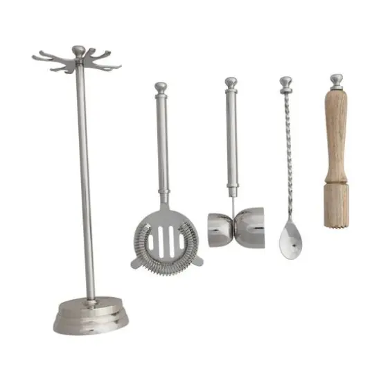 Hello Honey 5-Piece Stainless Steel and Mango Wood Bar Tools with Stand, Nickel Finish and Natural {7}
