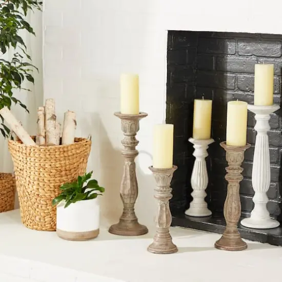 Brown Mango Wood Traditional Pillar Candle Holder Set {6}