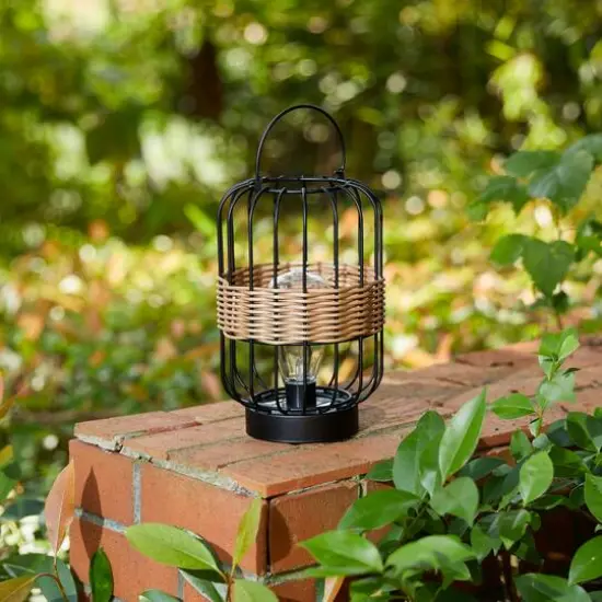 Glitzhome&reg; 11.75" Metal Wire Faux Rattan Solar Powered Outdoor Lantern {7}