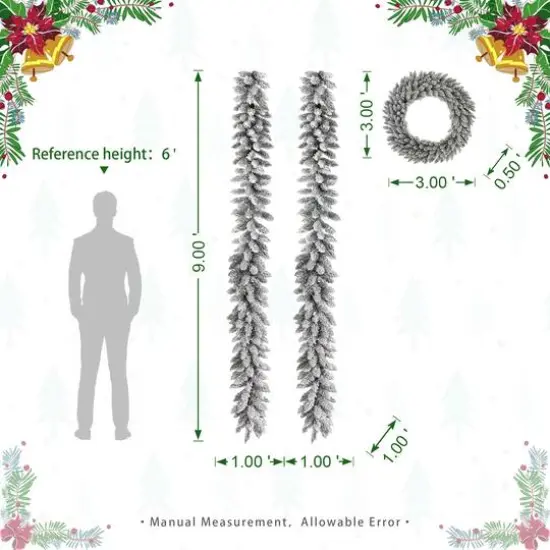 Glitzhome&reg; 36" Oversized Pre-Lit Snow Flocked Christmas Wreath & Garland Set {9}
