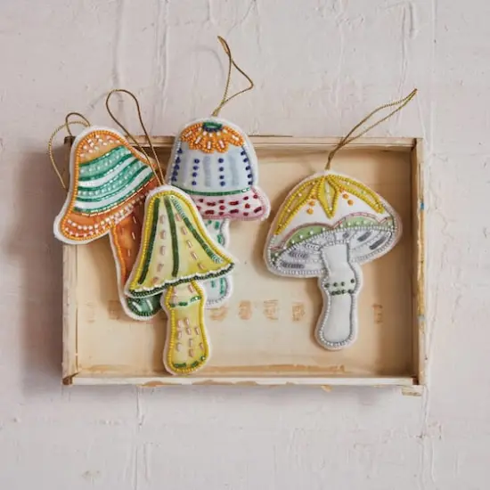 Hello Honey&reg; 4 Pack Glass Bead Embroidered Mushroom Cotton Fabric Ornaments {3}