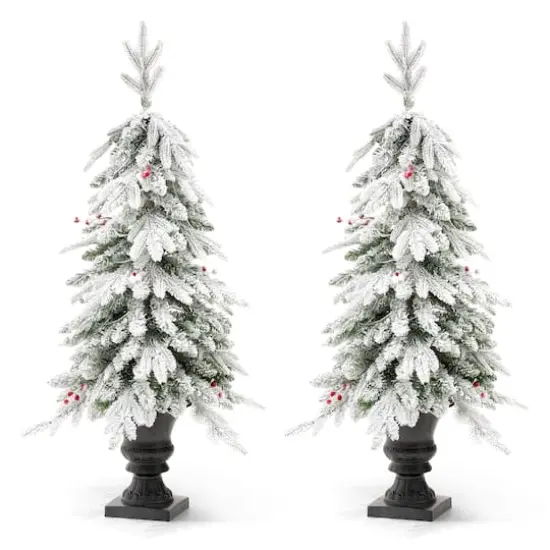 2 Pack 4ft. Pre-Lit Flocked Red Berry Fir Artificial Christmas Porch Tree in Urn, Warm White Lights {8}