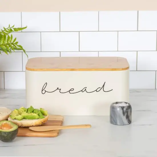 Hello Honey® 11.75" Cream Metal Bread Bin with Bamboo Lid {3}