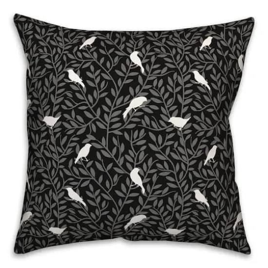 18" Birds On Leaves Indoor/Outdoor Pillow Black {1}