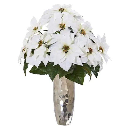 27" White Poinsettia Arrangement in Silver Cylinder Vase {1}