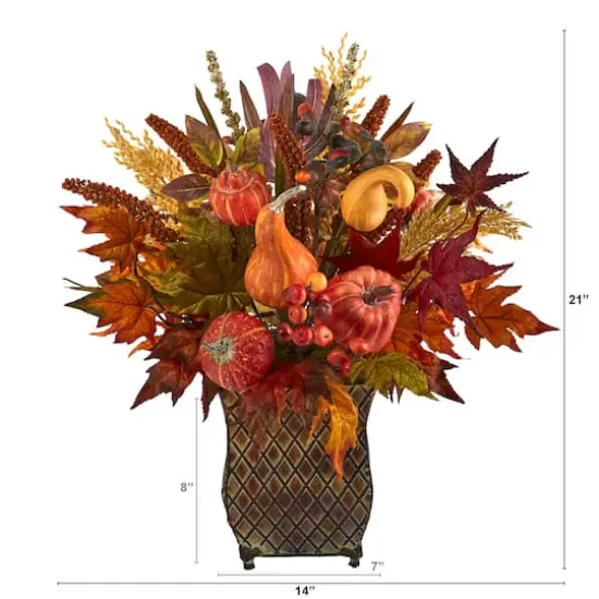 21in. Pumpkin, Maple Leaf, Sorghum Harvest Arrangement in Metal Planter {3}